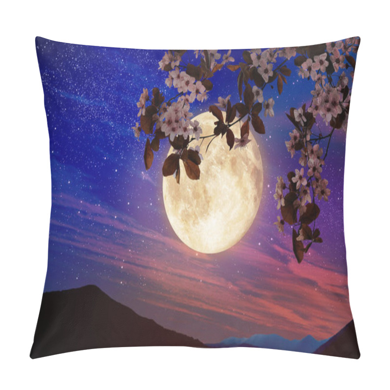 Personality  Fantasy Night. Blossoming Cherry Tree Branch And Starry Sky With Full Moon On Background Pillow Covers