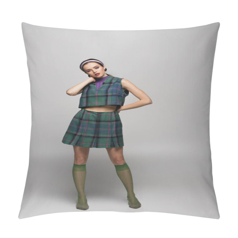 Personality  Full Length Of Young Woman In Checkered Outfit Posing With Hand On Hip On Grey  Pillow Covers