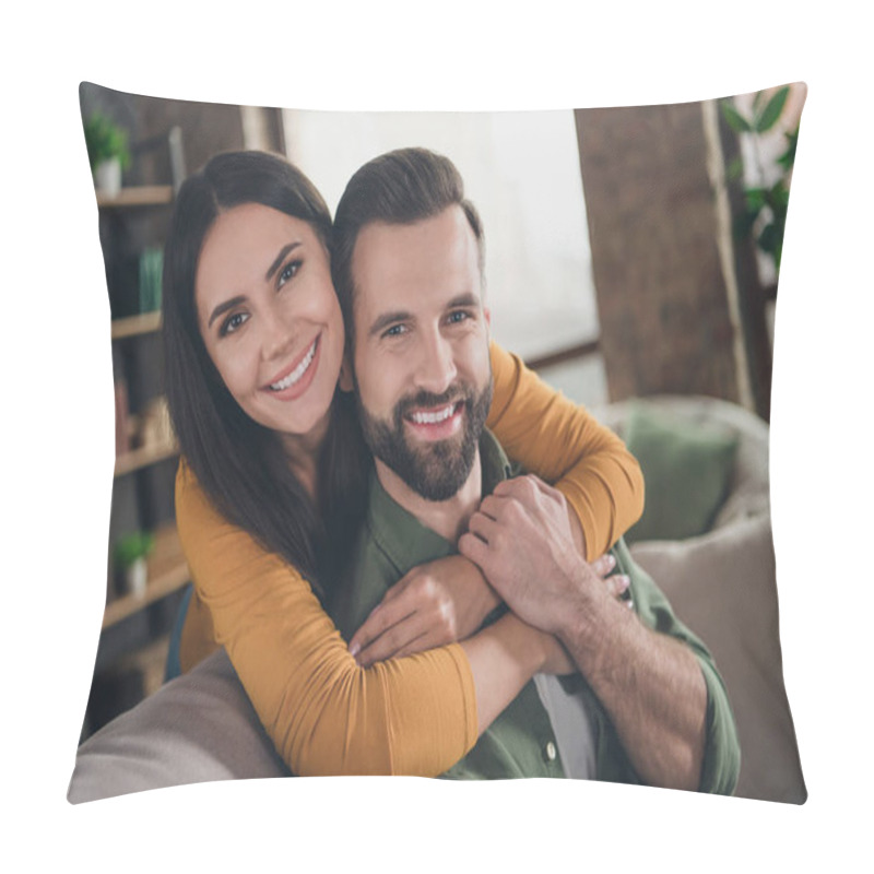 Personality  Portrait Of Attractive Cheerful Couple Hugging Spending Vacation Sitting On Sofa Having Fun At Home House Flat Indoors Pillow Covers