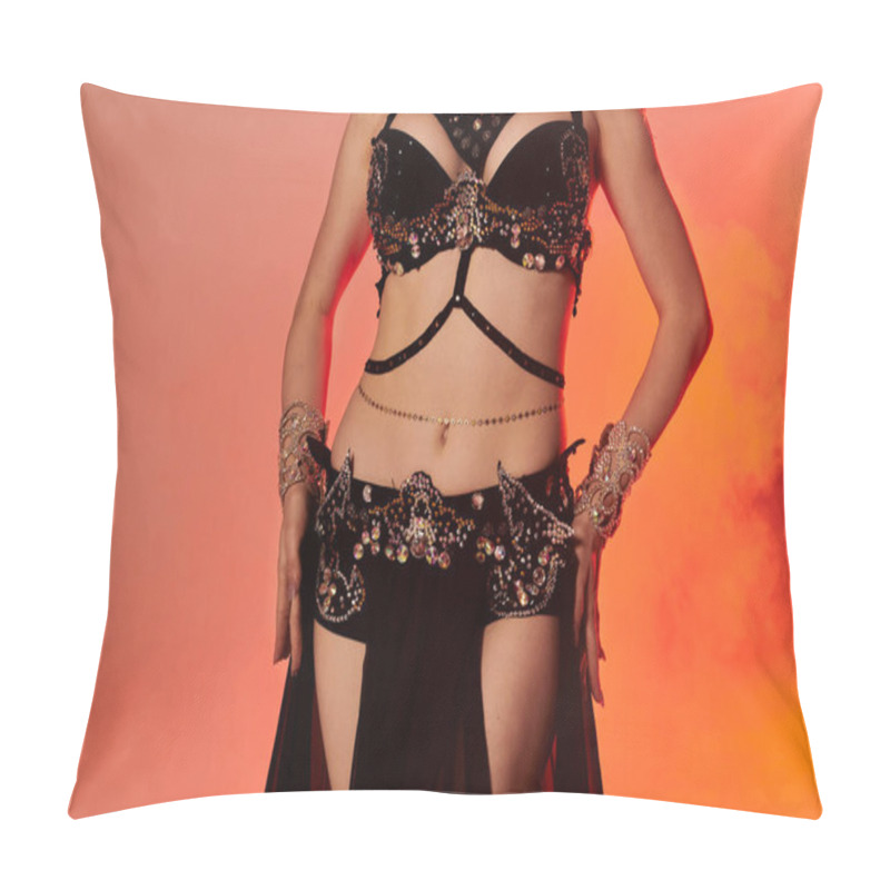 Personality  Captivating Woman In Belly Dance Attire Elegantly Strikes A Pose. Pillow Covers