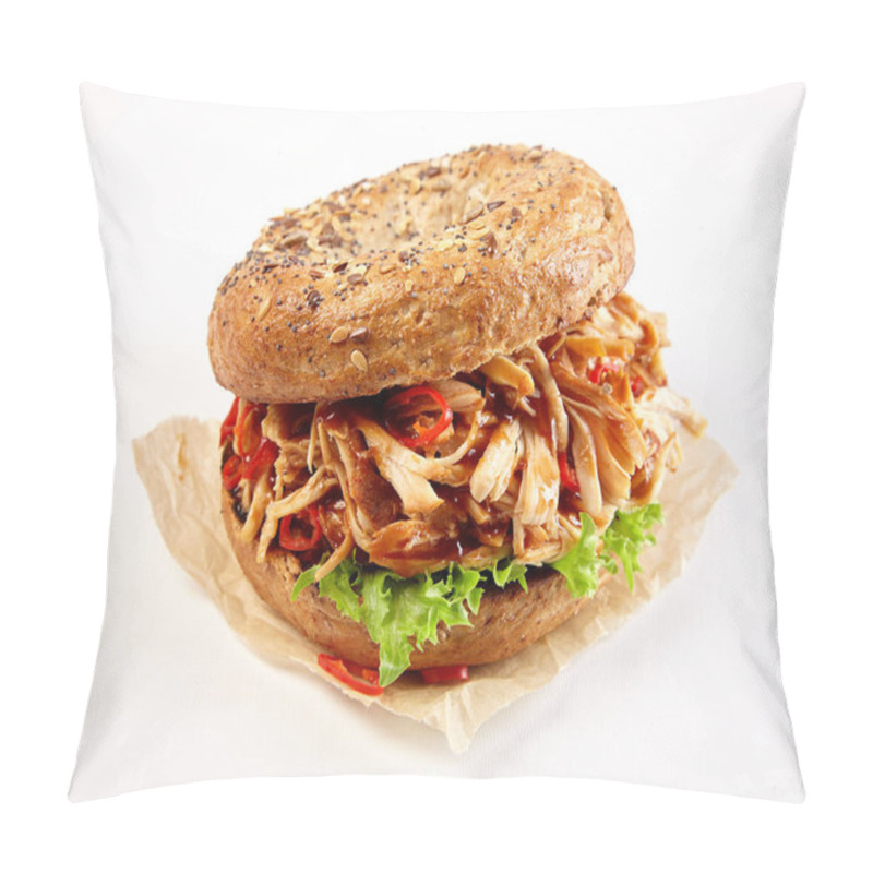 Personality  Pulled Chicken Kebab Burger With Spicy Chili And Lettuce On A Healthy Wholewheat Bun Over A White Background Pillow Covers