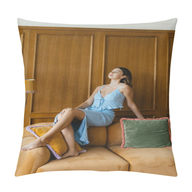 Personality  Beautiful Young Woman Wearing Blue Dress In Retro Room. High Quality Photo Pillow Covers