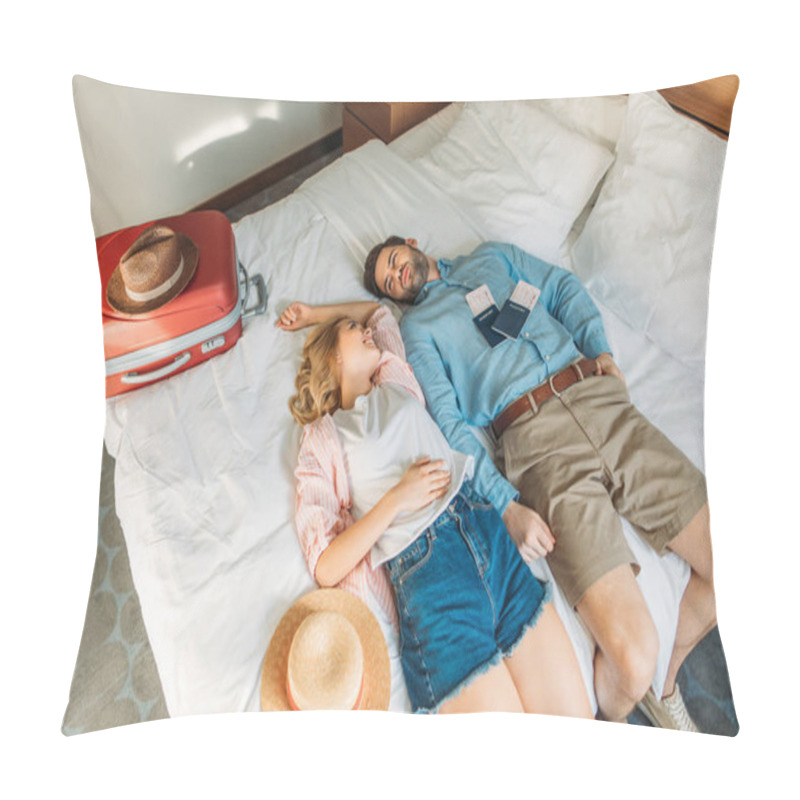 Personality  High Angle View Of Couple Of Tourists Lying On Bed In Hotel Room Pillow Covers