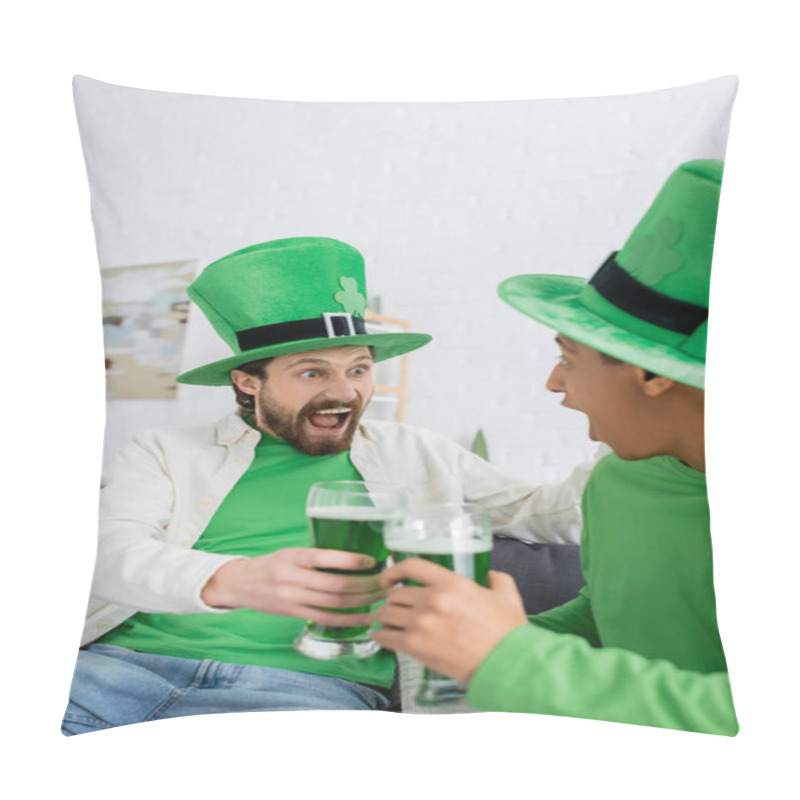 Personality  Excited Man In Green Hat Holding Beer Near African American Friend At Home  Pillow Covers