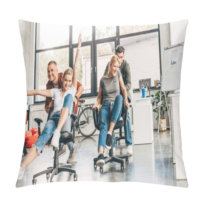 Personality  Group Of Young Business People Riding Chairs At Modern Office Pillow Covers