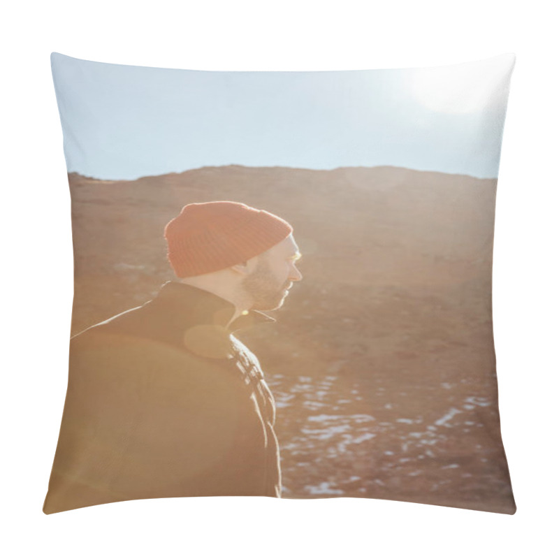 Personality  Handsome Young Man In Red Hat Looking Away In Front Of Mountain On Sunny Day, Carpathians, Ukraine Pillow Covers