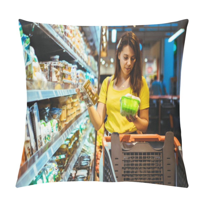 Personality  Young Pretty Adult Woman Do Shopping In Grocery Store Lifestyle Pillow Covers