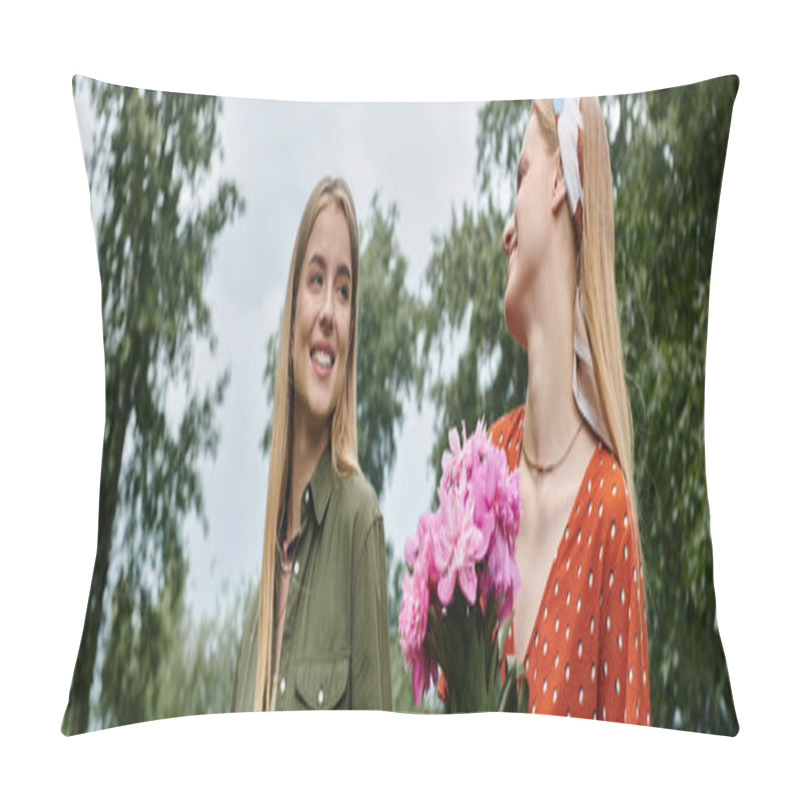 Personality  Two Women Walk Through A Green Park, Smiling At Each Other, One Holding A Bouquet Of Pink Flowers. Pillow Covers