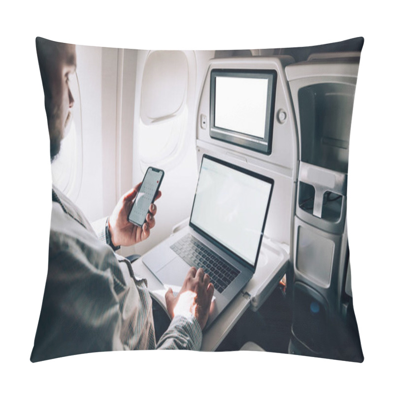 Personality  Young Male Tourist Sitting In Business Class Seat During Trip Working Remotely On Laptop Computer Connected To Wireless Internet On Board, Man Airplane Passenger Using Mobile Phone Banking App Pillow Covers