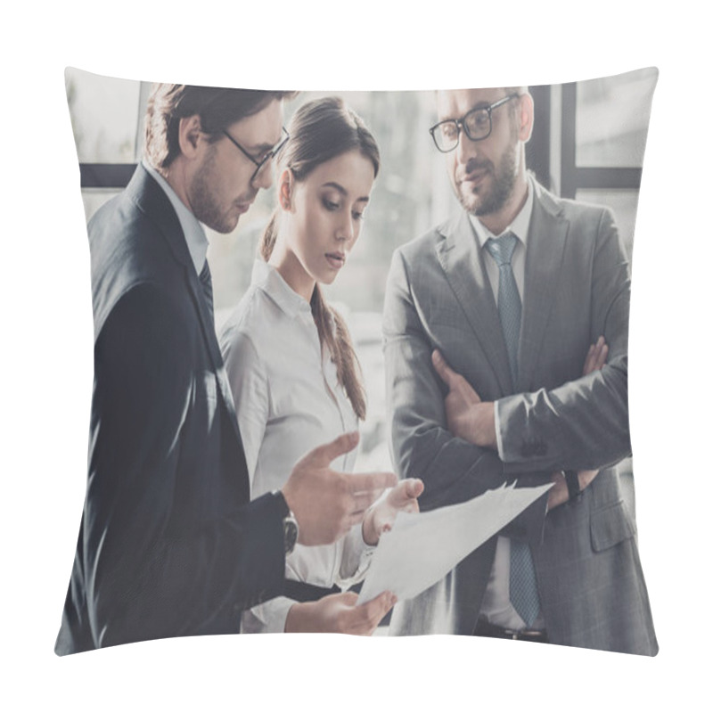 Personality  Successful Young Business People Discussing Documents Together At Office Pillow Covers