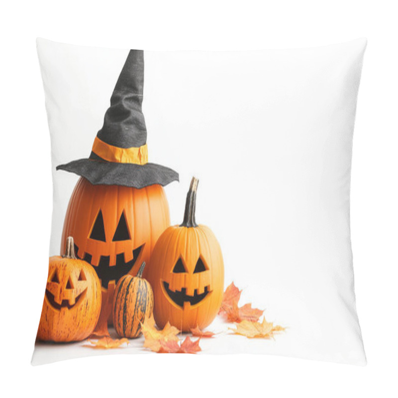 Personality  A Group Of Carved Pumpkins With Various Expressions And Witch Hats, Symbolizing Halloween Celebrations And Festive Decorations. Pillow Covers