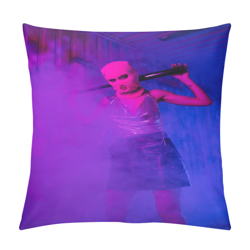 Personality  Provocative Woman In Balaclava And Black Leather Skirt Standing With Baseball Bat In Purple Lighting With Smoke Pillow Covers