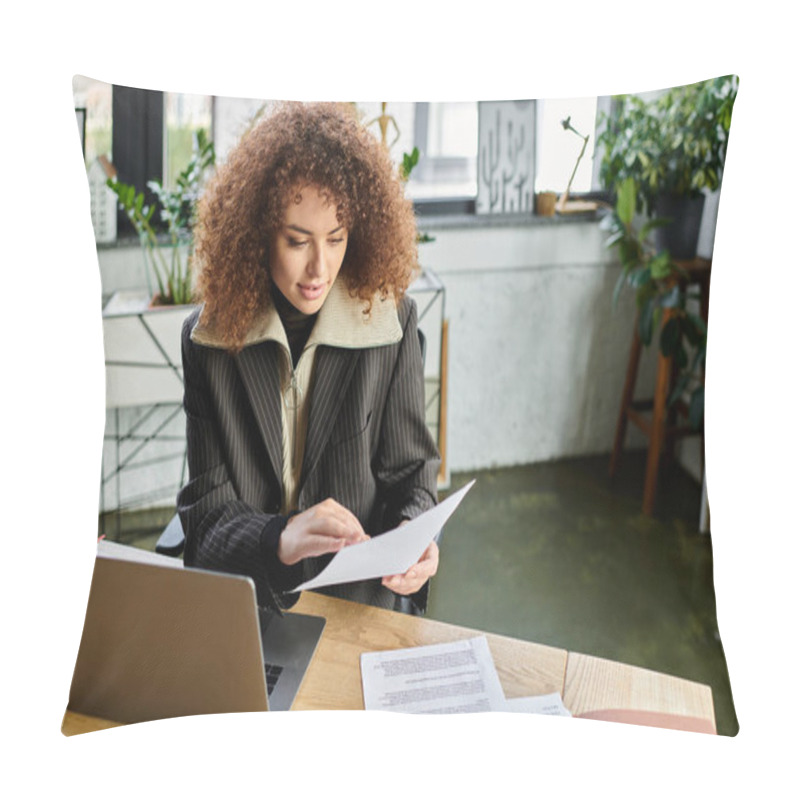 Personality  A Woman Examines Papers Intently At A Modern Desk Filled With Greenery And Morning Sunshine. Pillow Covers