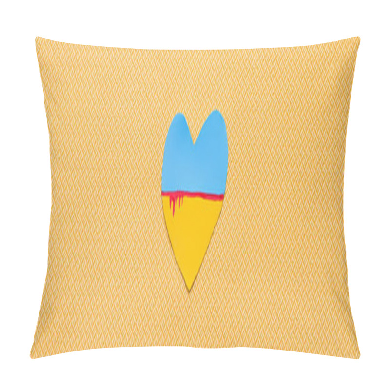 Personality  Top View Of Ukrainian Flag With Blood In Heart Shape On Textured Yellow Background, Banner  Pillow Covers