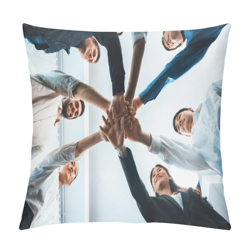 Personality  Bottom View Spiral Round Hand Made By Diverse Office Worker Or Business People Join Hand Together Symbolize Business Synergy Or Trustful Partnership. Collective And Unity In Business Workplace.Prudent Pillow Covers