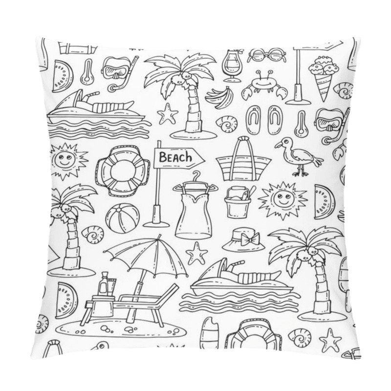 Personality  Pattern With Hand Drawn Isolated Symbols Of Summer And Beach On White Color. Pattern On The Theme Of Travel Pillow Covers