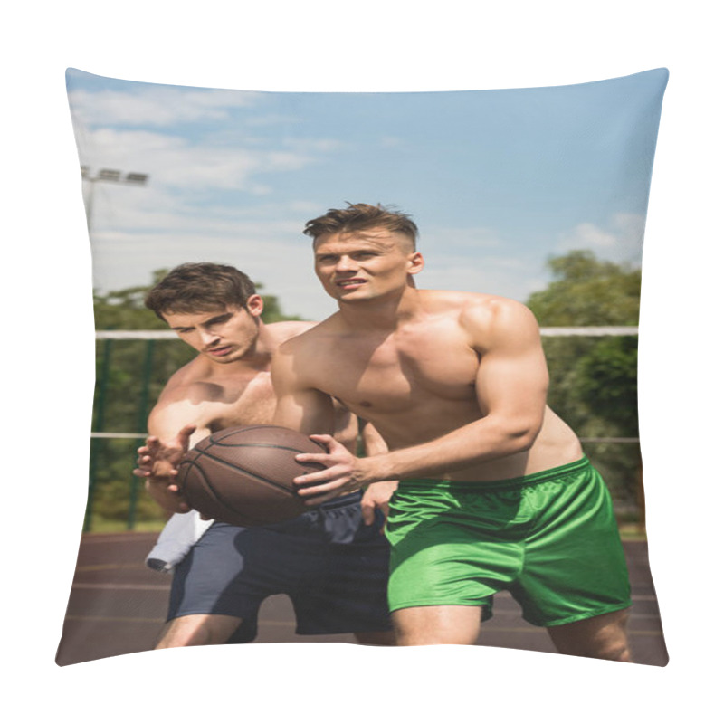 Personality  Shirtless Muscular Sportsmen Playing Basketball At Basketball Court Under Blue Sky Pillow Covers