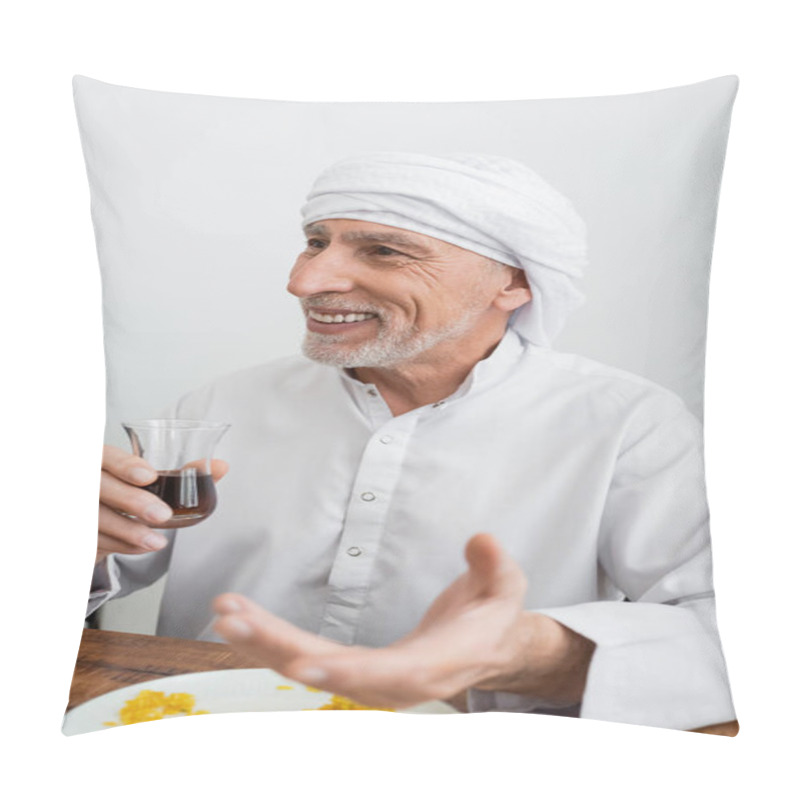 Personality  Happy Muslim Man In Turban Holding Glass Of Tea Near Pilaf On Plate Pillow Covers