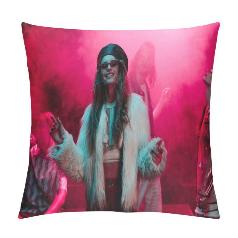 Personality  Cheerful Girl Dancing In Nightclub With Pink Smoke Pillow Covers