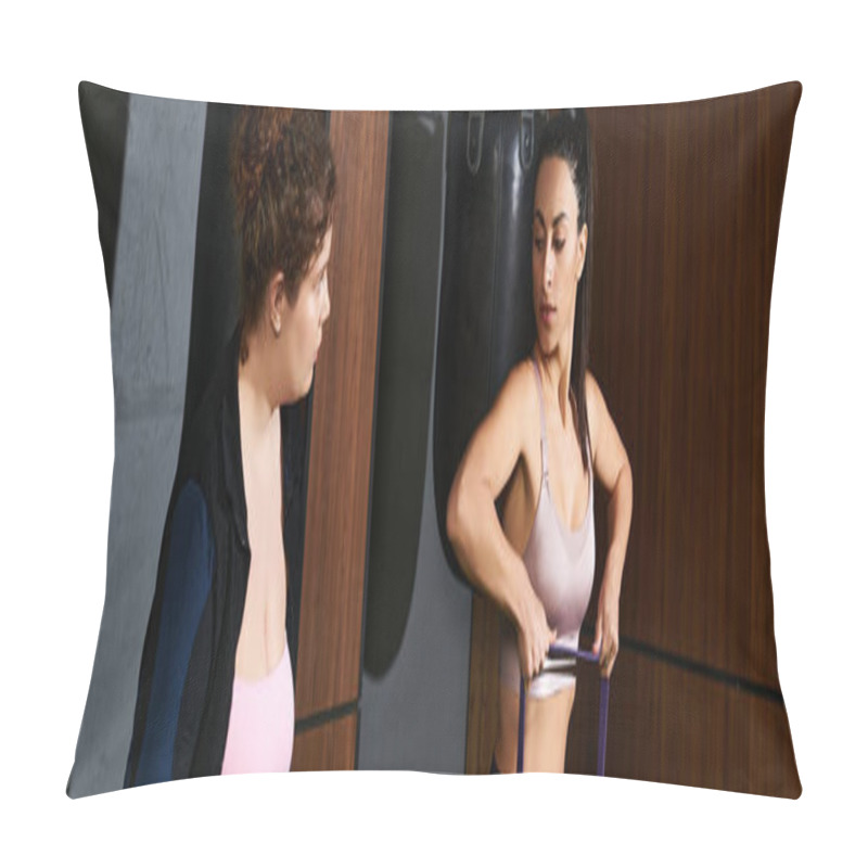 Personality  Women Engage In An Intense Workout Session, Utilizing Resistance Bands To Enhance Their Fitness. Pillow Covers