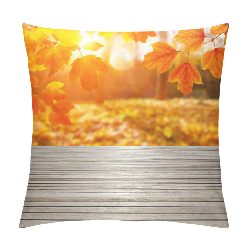 Personality  Wood Texture Plank And Autumn Leaves In Sun Rays  Pillow Covers