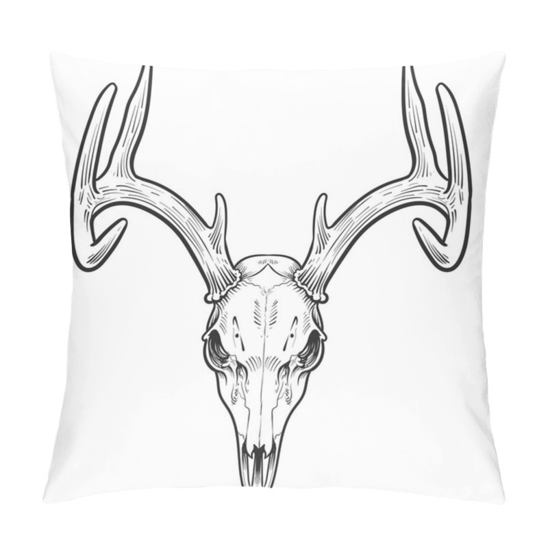 Personality  Whitetail  Deer Skull Sketch Hand Drawn Illustration, Tattoo Design Bohemian Boho Outline Style. Isolated On White Background. Pillow Covers