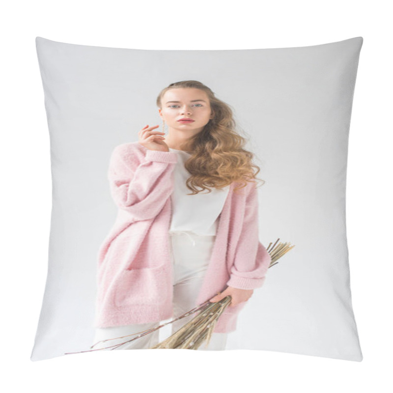 Personality  Serious Beautiful Girl Standing With Bunch Of Willow Tree Branches Isolated On White Pillow Covers