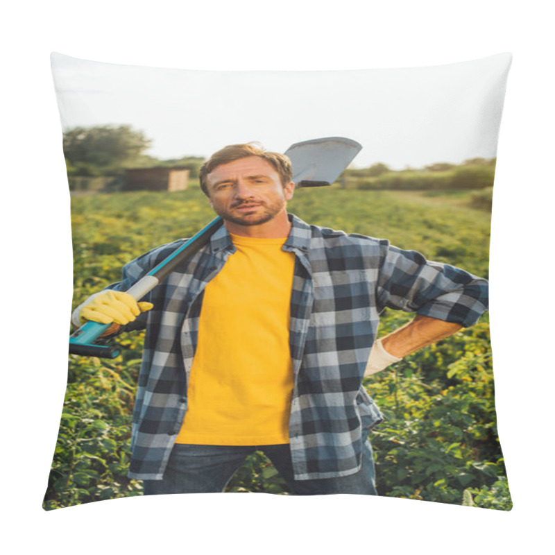 Personality  Farmer In Plaid Shirt Looking At Camera While Standing In Field With Shovel Pillow Covers