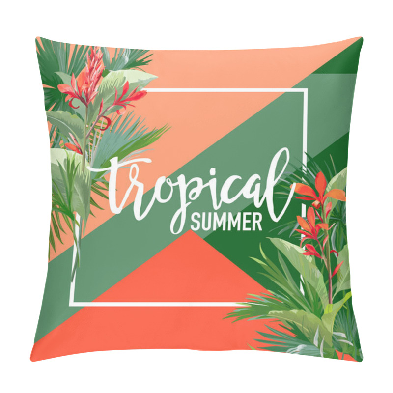 Personality  Tropical Flowers And Palms Summer Banner, Graphic Background, Exotic Floral Invitation, Flyer Or Card. Modern Front Page In Vector Pillow Covers