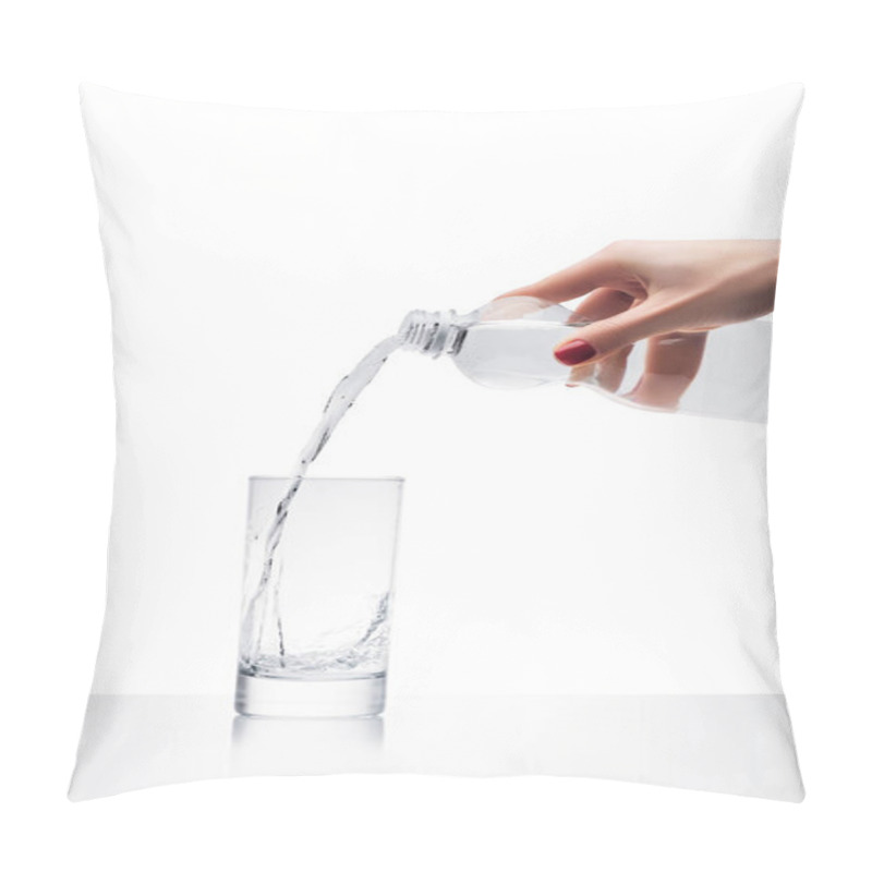 Personality  Cropped Shot Of Woman Pouring Water Into Glass From Plastic Bottle Isolated On White Pillow Covers