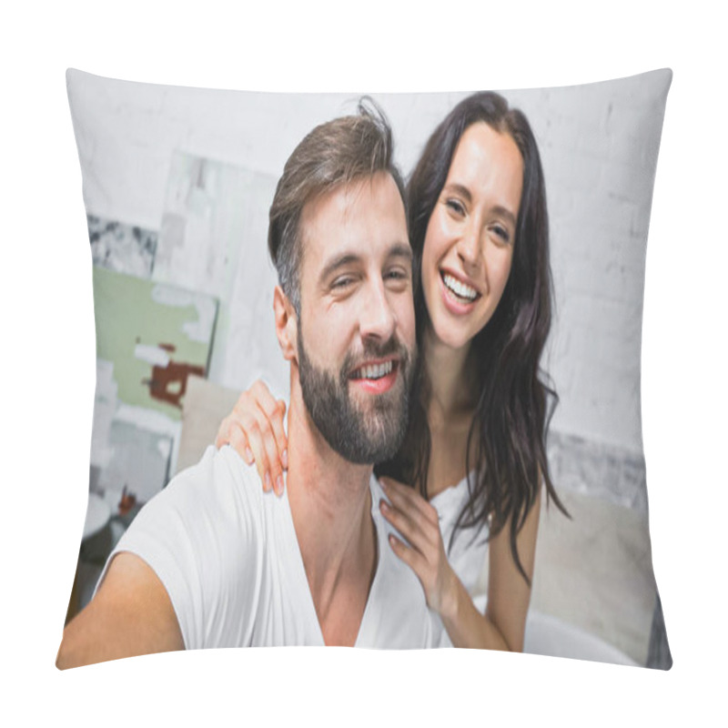 Personality  Happy Bearded Man And Brunette Woman Smiling At Camera In Bedroom Pillow Covers