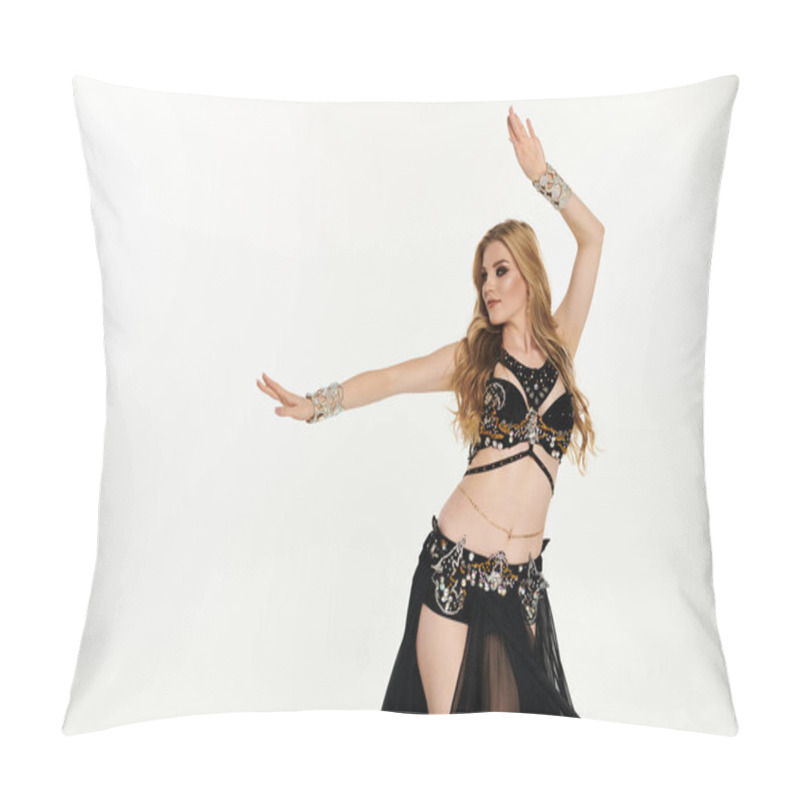 Personality  Graceful Woman In Black And Gold Belly Dance Attire Showcasing Her Fluid Movements. Pillow Covers