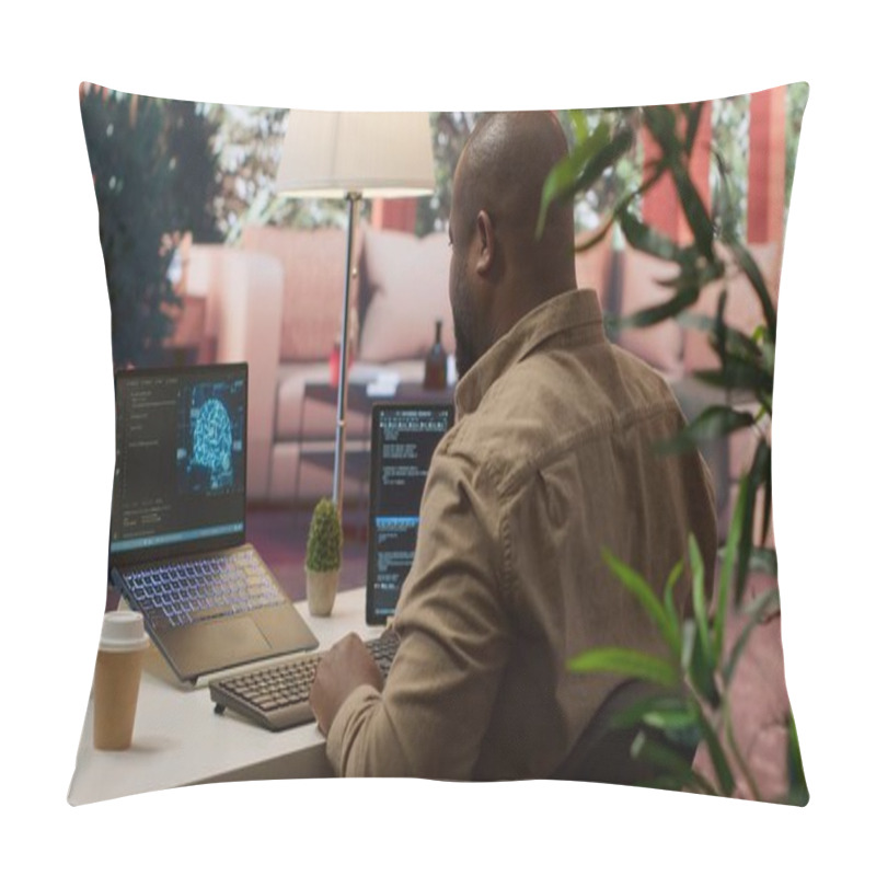 Personality  Software Engineer Coding On A Laptop Focusing On Deep Learning, Database Management And Binary Code To Develop Next Generation AI Solutions And Interfaces. Database Processing. Camera A. Pillow Covers