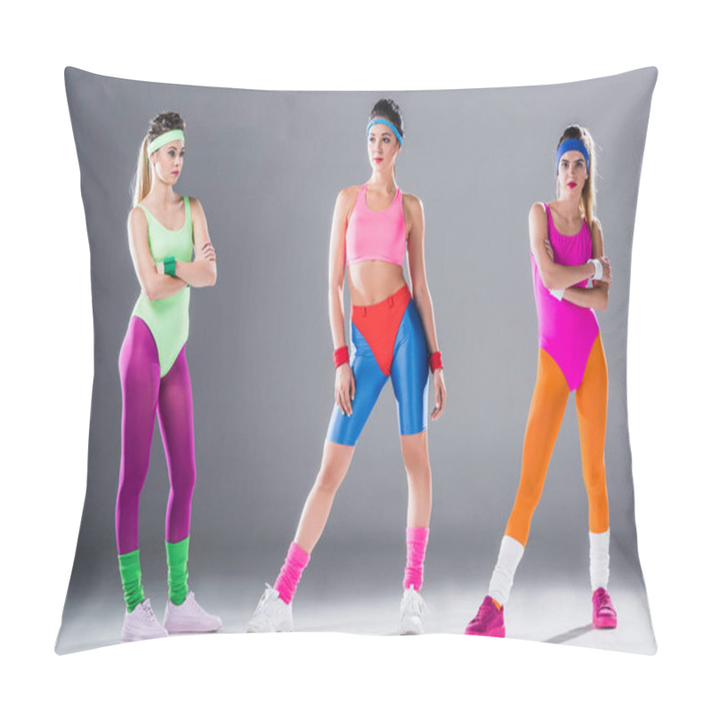 Personality  Full Length View Of Athletic Young Women In 80s Style Sportswear Posing On Grey Pillow Covers