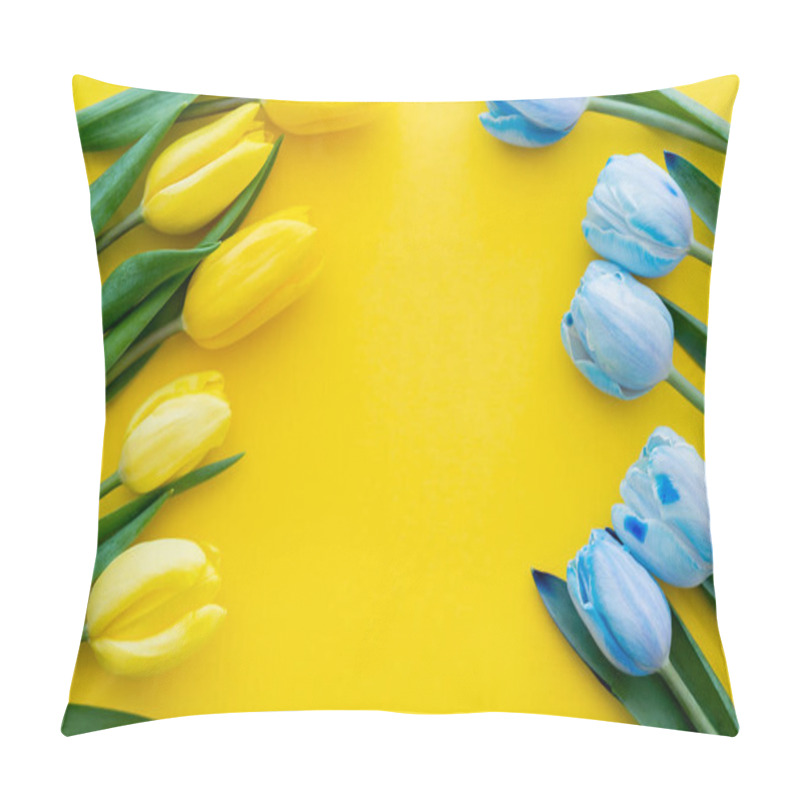 Personality  Top View Of Blue And Yellow Tulips On Background With Copy Space Pillow Covers