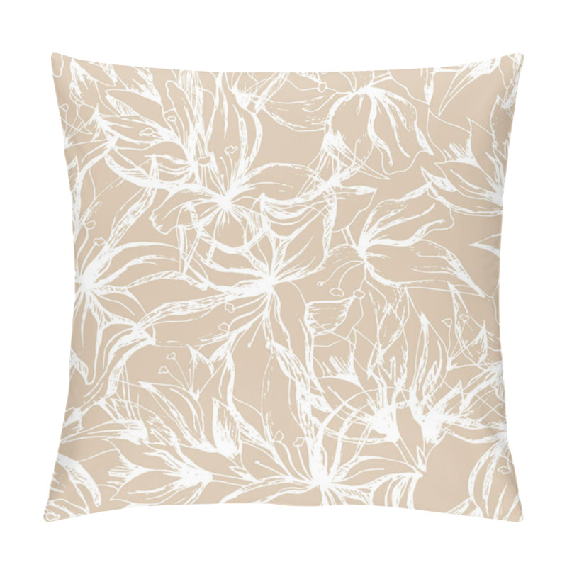 Personality  Seamless Floral Pattern In Provence Style. Contour White Flowers On A Beige Background For Fabric, Home Textiles And Paper For Decoration. Vintage Texture Pillow Covers