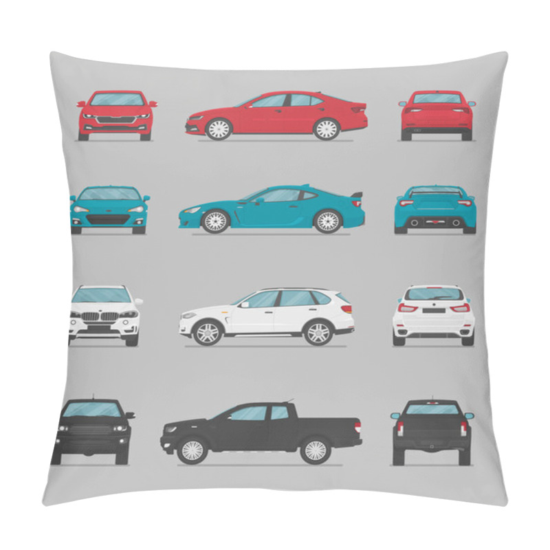 Personality  Vector Cars. Side View, Front View, Back View, Top View. Cartoon Flat Illustration, Car For Graphic And Web Pillow Covers