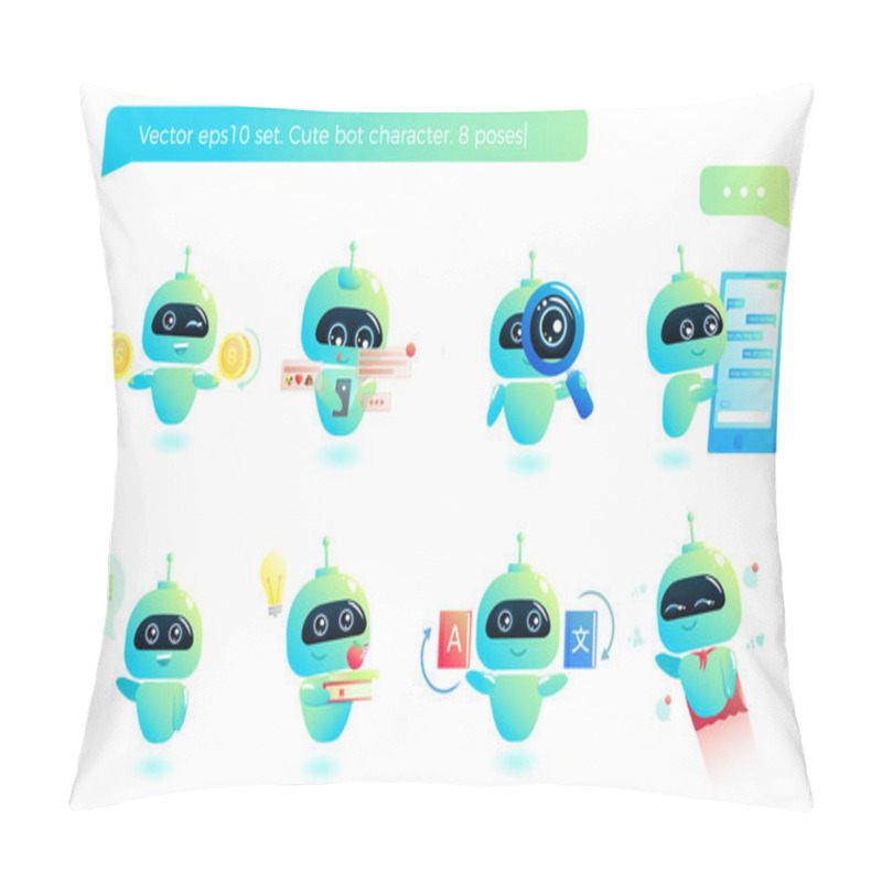 Personality  Cute Bot Character Set. Chatbot Greets. Online Consultation Pillow Covers