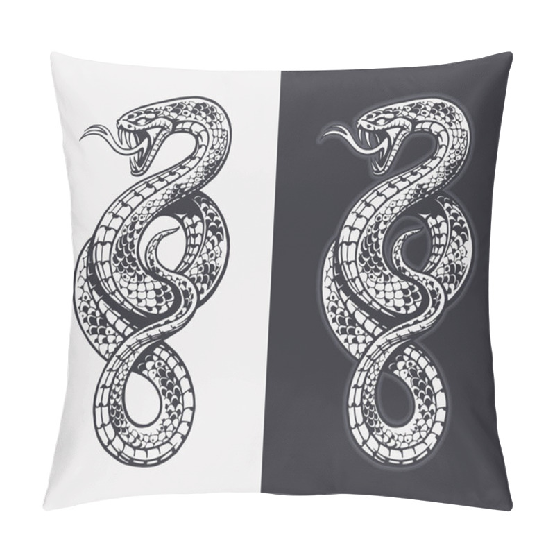 Personality  Hand-drawn Snake Isolated On White And Dark Background. Detailed Engraving Vector Art Of Snake. Monochrome Illustration. Pillow Covers