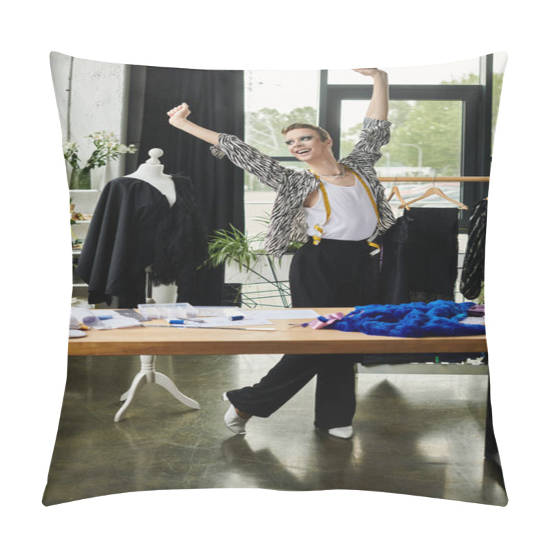 Personality  A Stylish Designer Celebrates Creativity While Working On Innovative Fashion Pieces In Their Studio. Pillow Covers