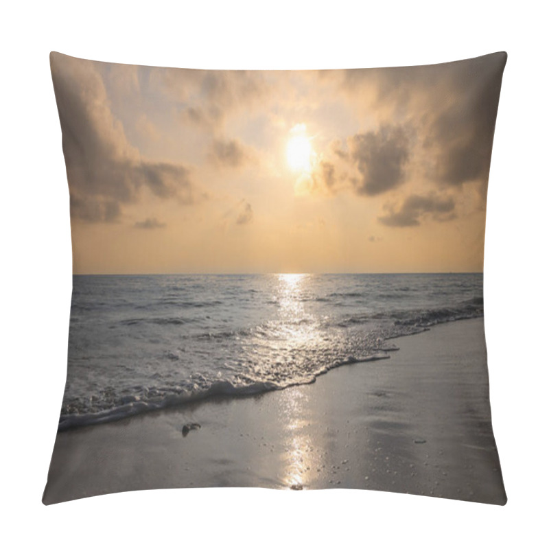 Personality  Sea Horizon With Bright Sunset Orange Sky From Sandy Beach And Rolling Waves At Morning Pillow Covers