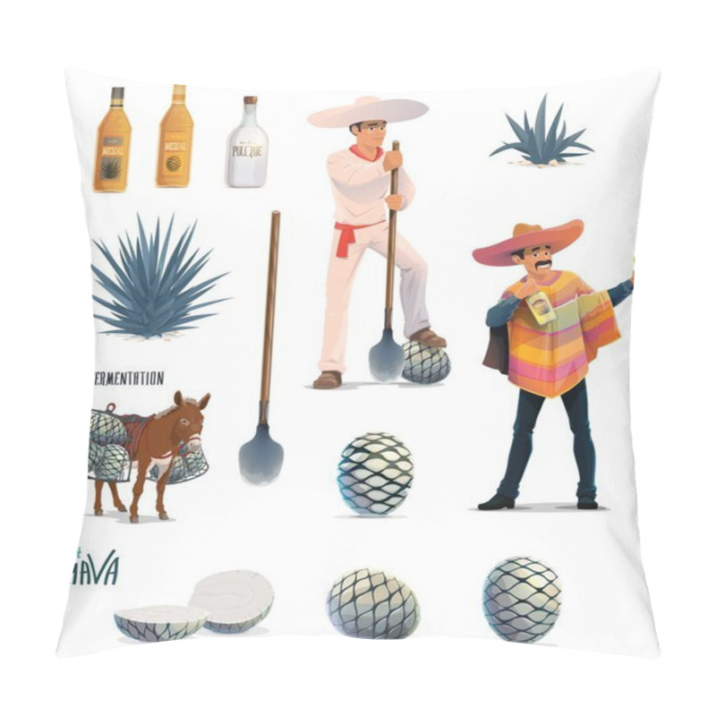 Personality  Agave Tequila Production Vector Design With Cartoon Blue Agava Cactus, Tequila Alcohol Drink Bottles And Mexican Man With Sombrero. Farmer Jimador, Donkey, Agave Pinas And Coa Machete Knives Pillow Covers