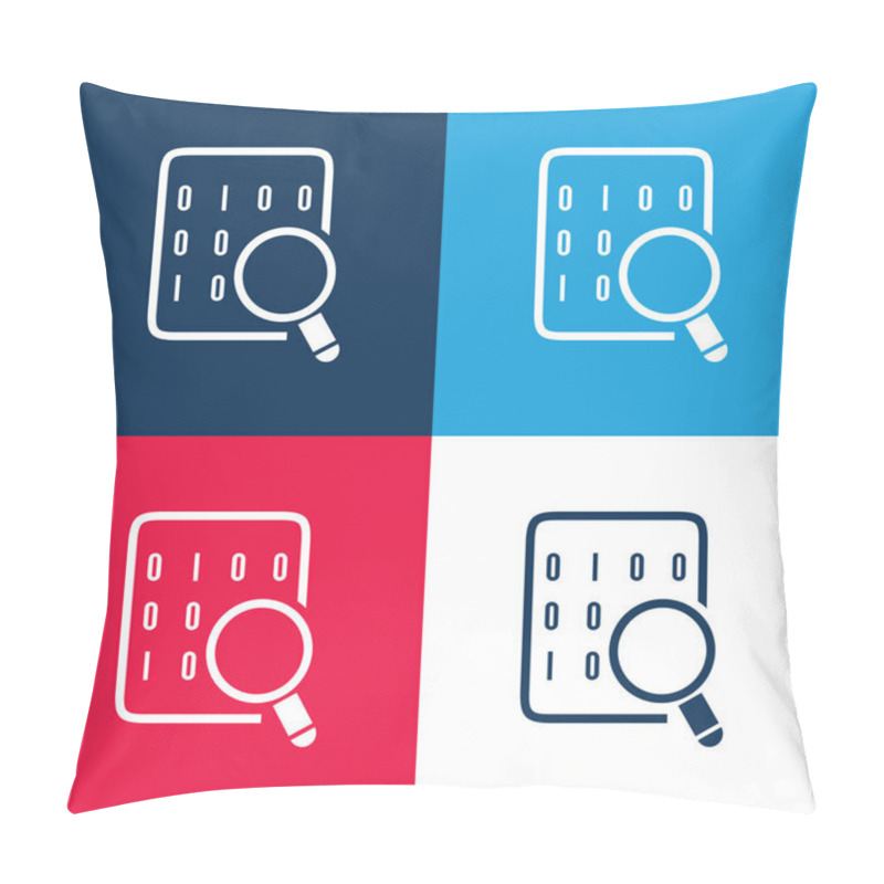 Personality  Binary Codes On Data Sheet With Magnifying Lens Blue And Red Four Color Minimal Icon Set Pillow Covers