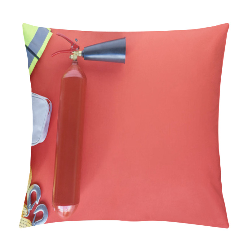 Personality  Top View Of Fire Extinguisher And Automotive Accessories On Red Backdrop Pillow Covers