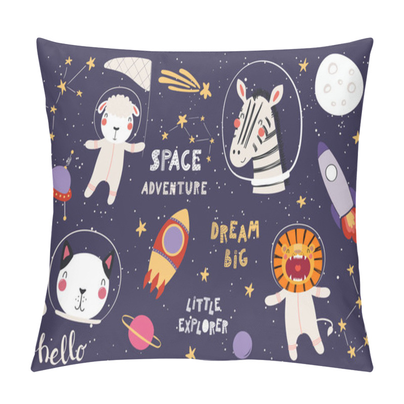 Personality  Big Set Of Cute Funny Animal Astronauts In Space, With Planets, Stars, Quotes. Isolated Objects On White Background. Vector Illustration. Scandinavian Style Flat Design. Concept For Children Print. Pillow Covers