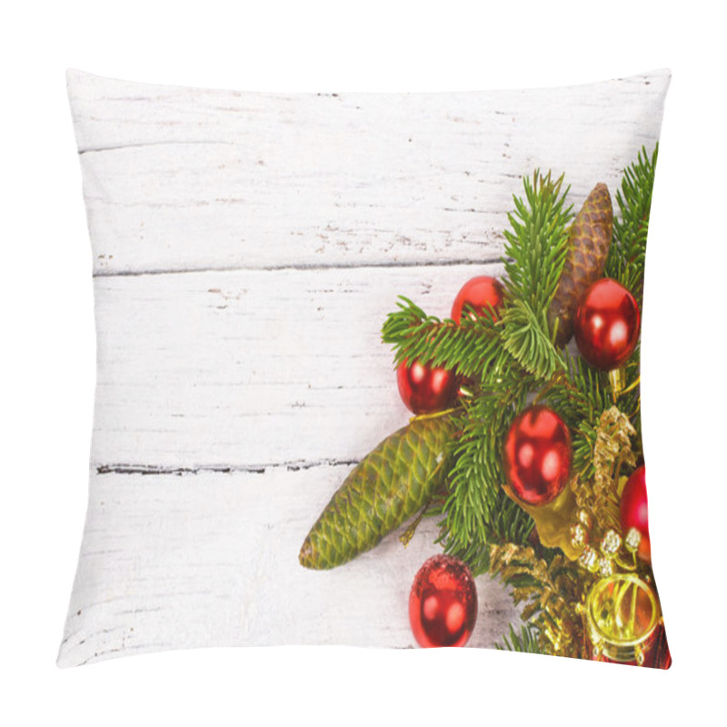 Personality  Branch Of Christmas Tree And Red Christmas Balls On A White Background Painted Old Wood Planks As Background, Concept Of New Year Pillow Covers