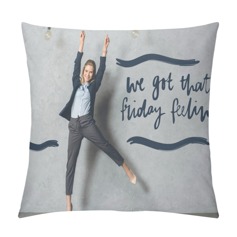 Personality  Happy Businesswoman In Suit Pillow Covers