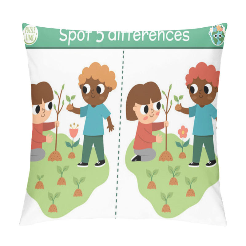 Personality  Find Differences Game. Ecological Educational Activity With Cute Children Planting Trees. Earth Day Puzzle For Kids With Funny Character. Eco Awareness Or Zero Waste Printable Worksheet Or Pag Pillow Covers