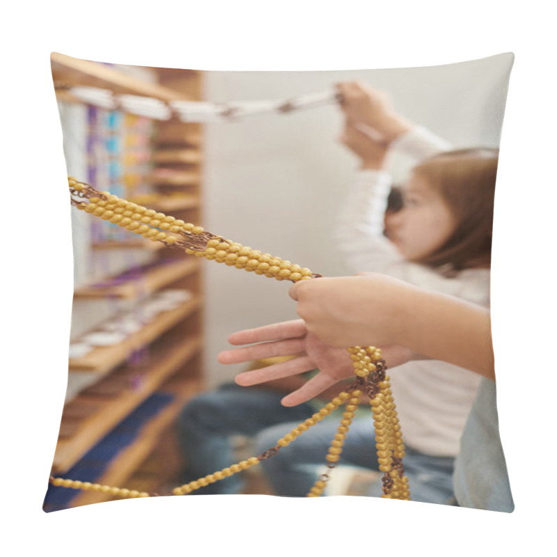 Personality  Kid Counting Yellow Beads, Montessori School Concept, Childhood, Education, Math, Curiosity, Study Pillow Covers