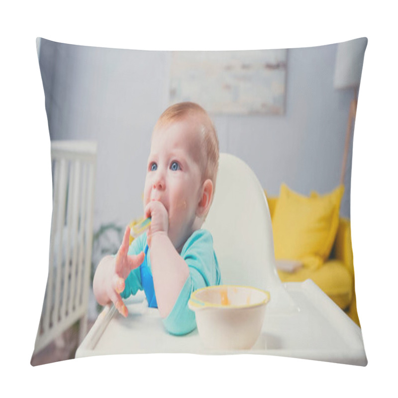 Personality  Infant Boy With Blue Eyes Sitting In Feeding Chair And Eating Baby Food Pillow Covers